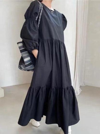 lovevop French Pleated Long Puff Sleeve Loose Long Dress