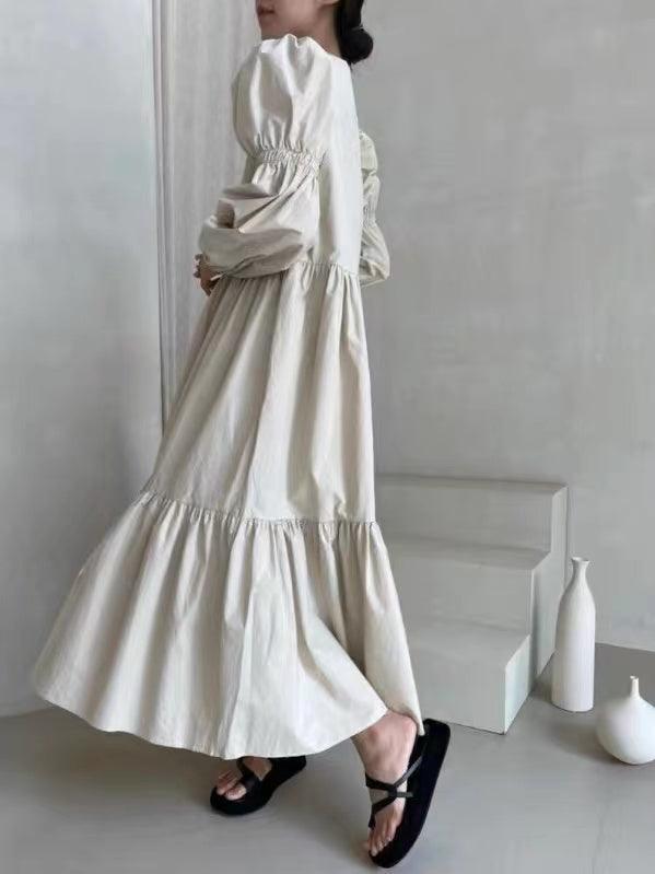 lovevop French Pleated Long Puff Sleeve Loose Long Dress