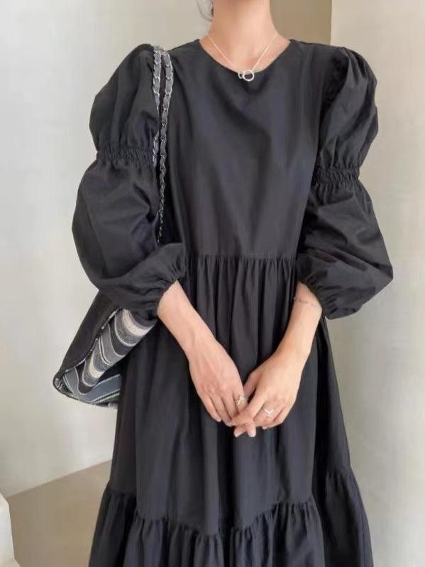 lovevop French Pleated Long Puff Sleeve Loose Long Dress