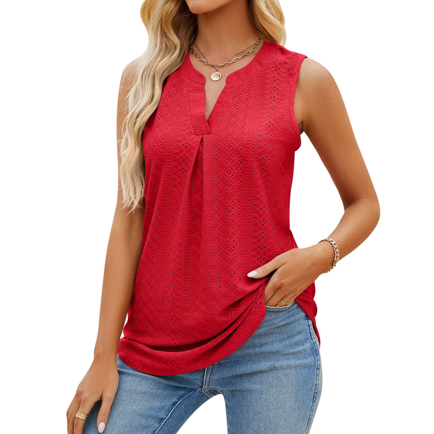 Women's solid-coloured holey V-neck slim-fit vest