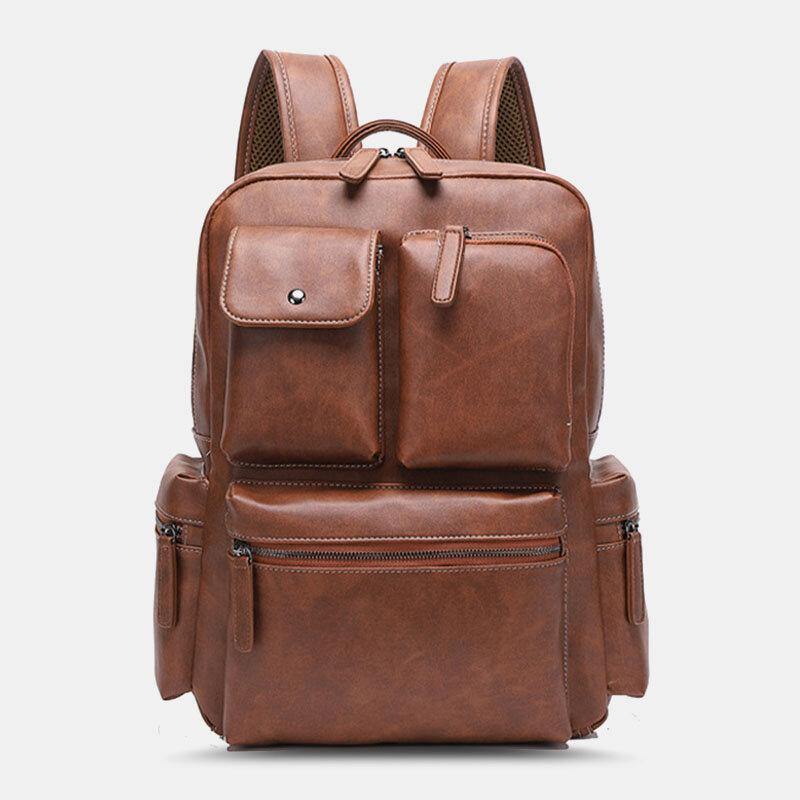 lovevop Men PU Leather Multi-pocket Breathable Backpack Retro Large Capacity 14 Inch Laptop Bag