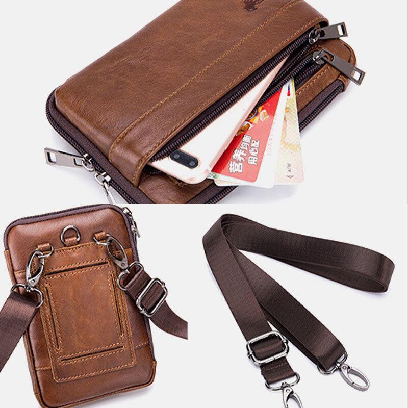 lovevop Men Genuine Leather Multi-use Vintage Casual 6.5 Inch Phone Waist Bag Crossbody Bag Shoulder Bag