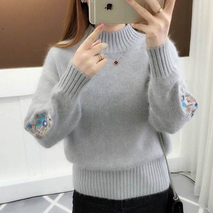 Knitted Floral Embroidery Thick Sweater