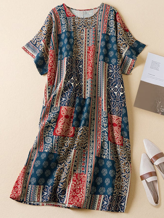 Lovevop Loose Cotton And Linen Comfortable Retro Printed Dress