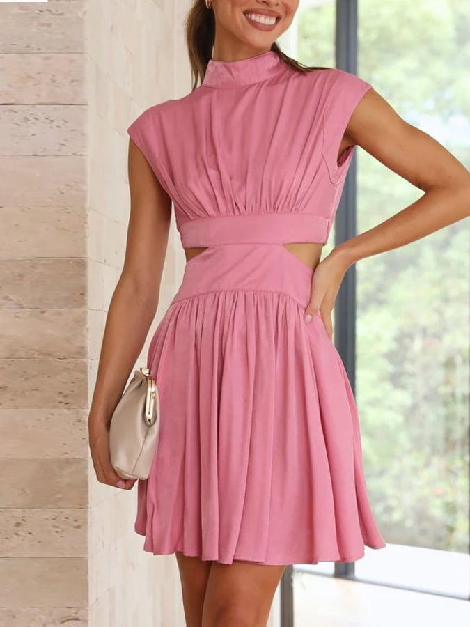 Women'S High Neck Cap Sleeve Waist Cut Midi Dress