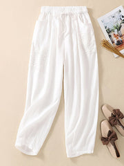 Lovevop Cotton Embroidered Patch Elastic Waist Harlan Pants