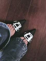 lovevop Soft Leather Pointed-toe Metal Buckle Denim Stiletto Pumps