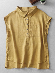Lovevop Cotton Loose Slim Lapel Drop Shoulder Sleeveless Shirt