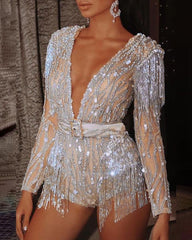 LADY Glitter Sequin Rompers and Jumpsuits Spring Women Long Sleeve V Neck Bodycon Tassel Sexy Club Party Playsuits