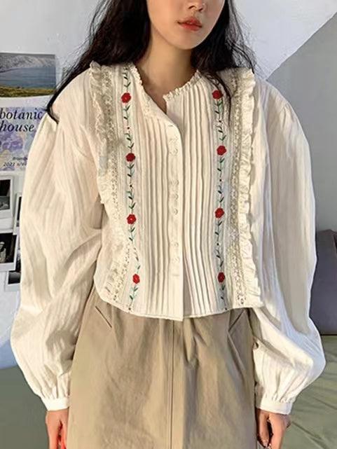 lovevop Embroidered Pleated Design Puff sleeve Shirt