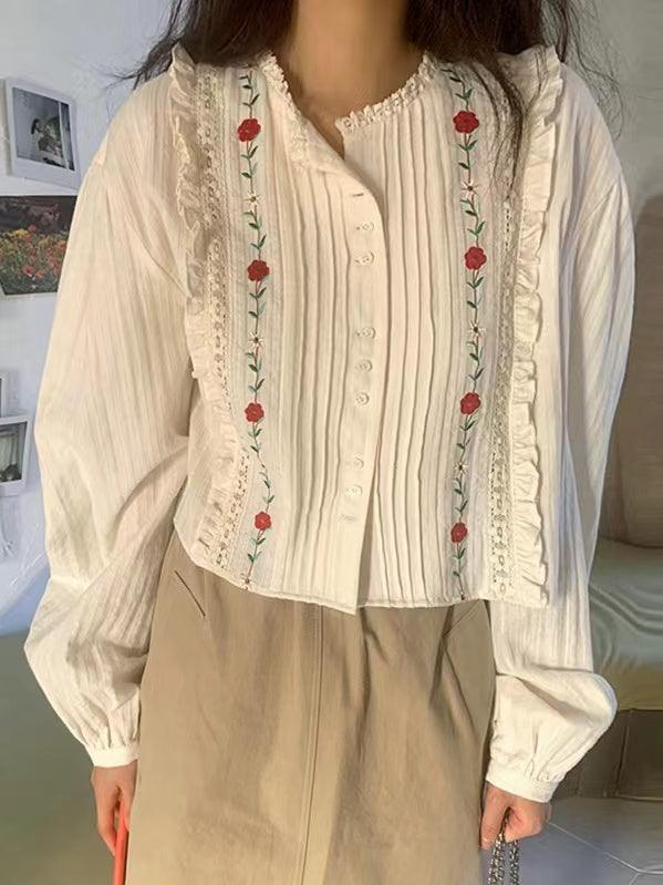 lovevop Embroidered Pleated Design Puff sleeve Shirt