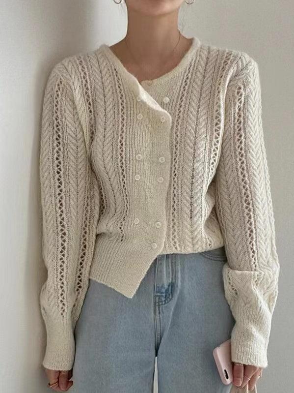 lovevop Round-neck Double-breasted Hollow Sweater Top