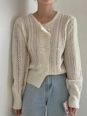 lovevop Round-neck Double-breasted Hollow Sweater Top