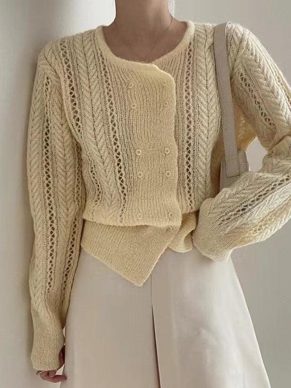 lovevop Round-neck Double-breasted Hollow Sweater Top
