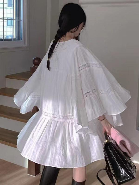 lovevop Square Neck Lace Loose Flared Sleeve Dress