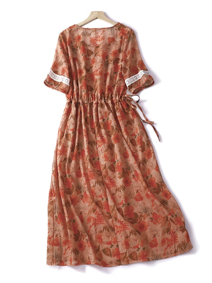 Lovevop Orange Flower Lace Stitching Ramie Mid-Length Skirt With Narrow Waist