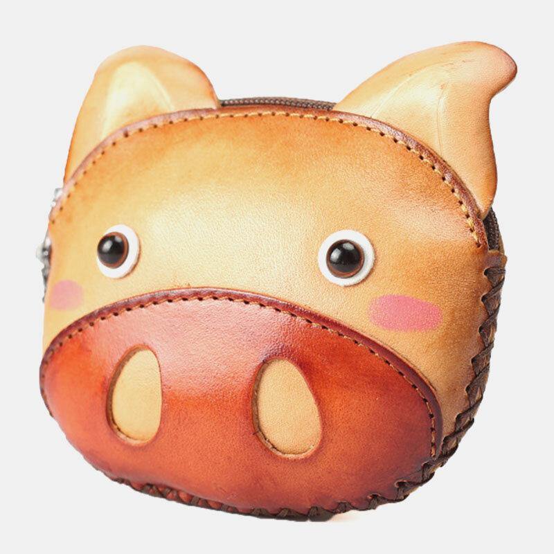 elvesmall Unisex Genuine Leather Casual Cute Outdoor Cartoon Animal Pig Shape Small Coin Bag Wallet