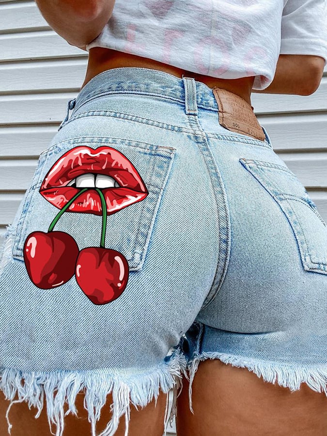 Cherry Lips Print Hip Sexy Denim Shorts