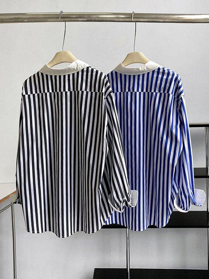 lovevop Simple Long Sleeves Contrast Color Striped Lapel Blouse Top