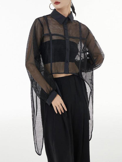 lovevop Stylish Long Sleeves Loose Mesh See-Through Sun Protection Blouses&Shirts Tops