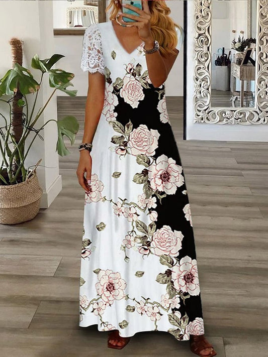 Printing V -neck Calcut Sleeve Long Dress