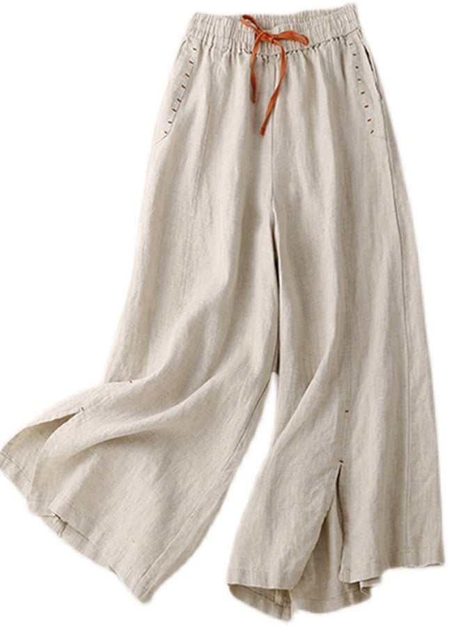Lovevop Cotton And Linen Contrasting Color Drawstring Slit Loose Casual Pants