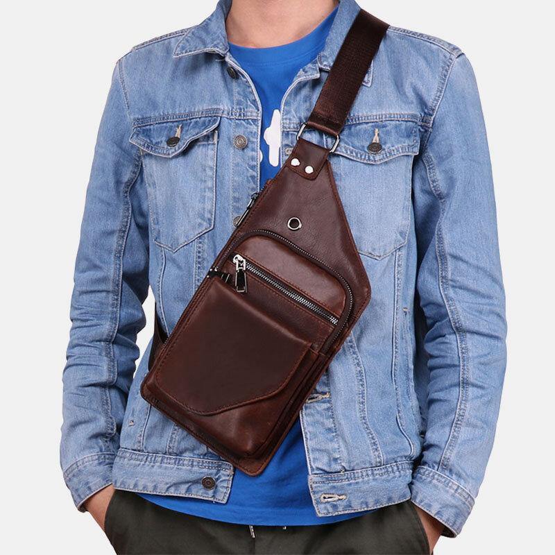 lovevop Men Genuine Leather Retro Business Leather Chest Bag Crossbody Bag With Earphone Hole