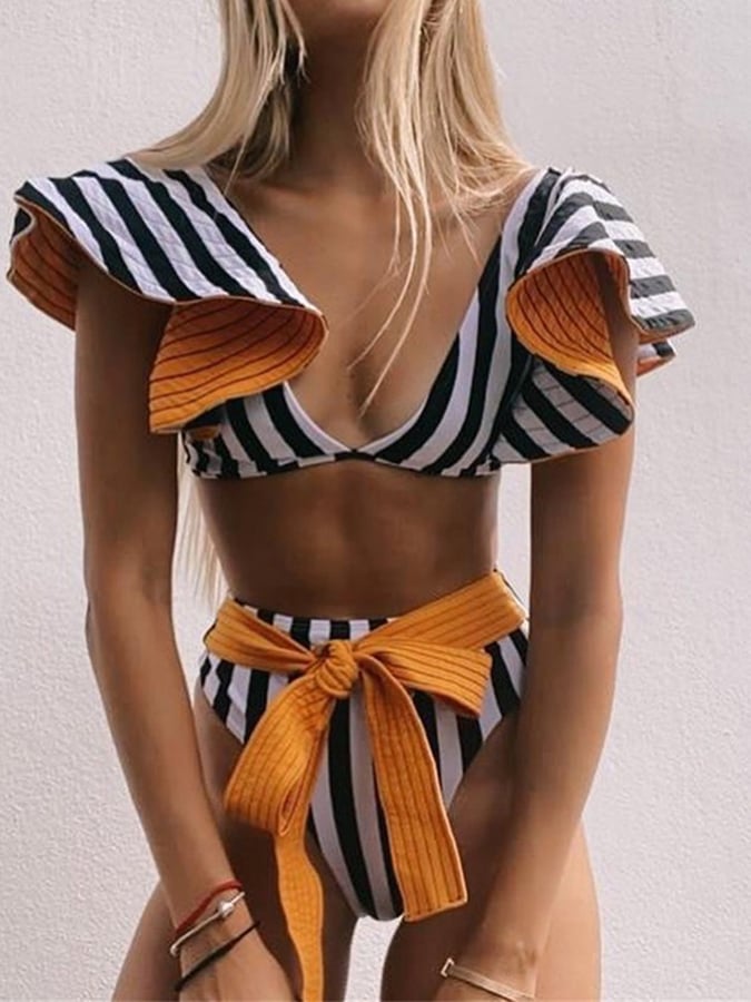 High Waisted Ruffled Strap Striped Split Swimsuit