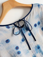 Lovevop Cotton Linen Blue Polka Dot Printed Loose Dress