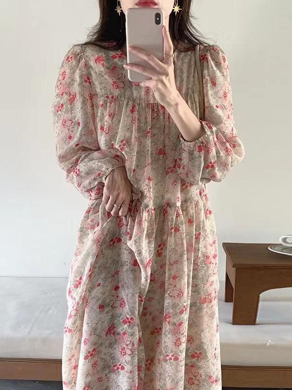 lovevop Floral Chiffon Long Sleeve Dress