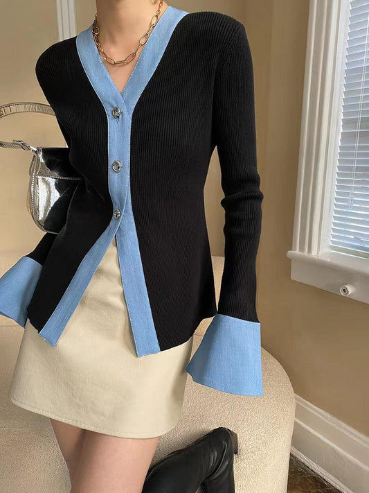 lovevop Denim Panel Bell Sleeve Knit Sweater