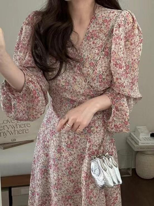 lovevop V Neck Floral Puff Sleeve Long Dress