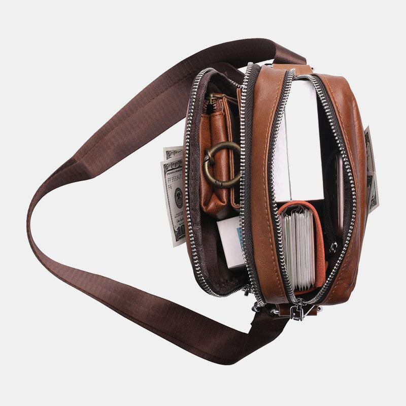 lovevop Men Genuine Leather Multi-pocket Headphone Hole Vintage 6.5 Inch Phone Bag Crossbody Bag Shoulder Bag Messenger Briefcase