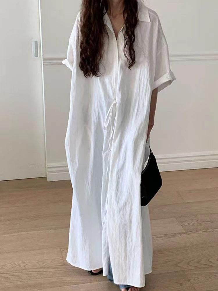lovevop White Lapel Short Sleeve Shirt Dress