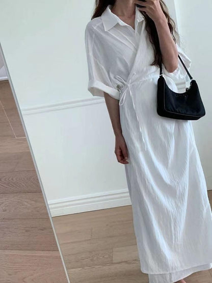 lovevop White Lapel Short Sleeve Shirt Dress