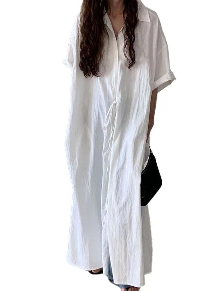 lovevop White Lapel Short Sleeve Shirt Dress