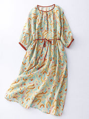 Lovevop Printed Cotton And Linen Floral Lace Up Large Swing Dress