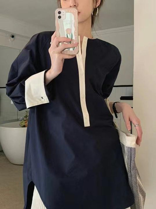 lovevop Paneled Round Neck Long Sleeve Shirt