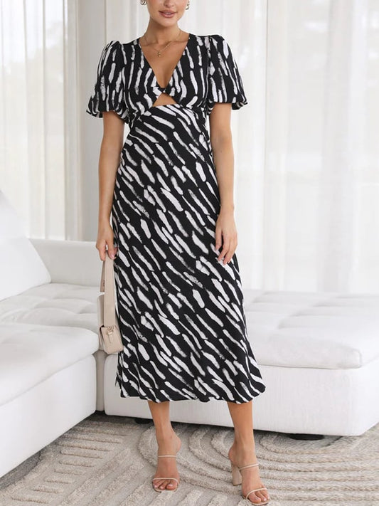 Women'S Printed V-Neck A-Line Midi Dress
