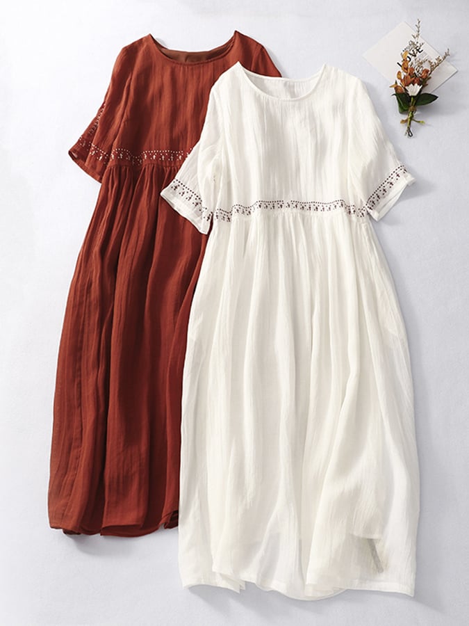 Lovevop Cotton And Linen Embroidered Loose Dress