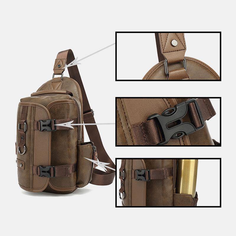 lovevop Men PU Leather Vintage Multifunction Earphone Hole USB Charging Crossbody Bag Chest Bag Sling Bag