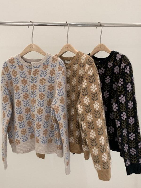 lovevop Floral Round Neck Long Sleeve Loose Sweater Cardigan