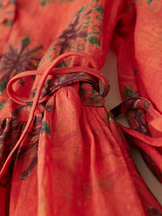 Lovevop Printed Loose Retro V-Neck Short Sleeved Cotton Linen Dress