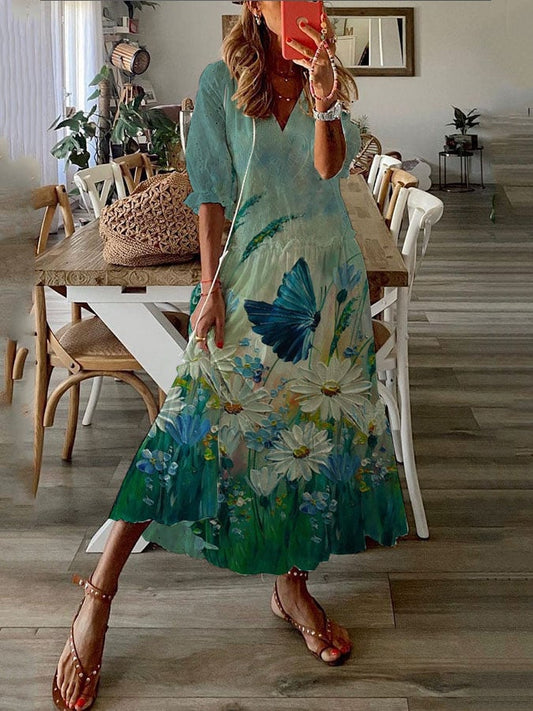 Women's Oil Painting Floral Print Long Dress