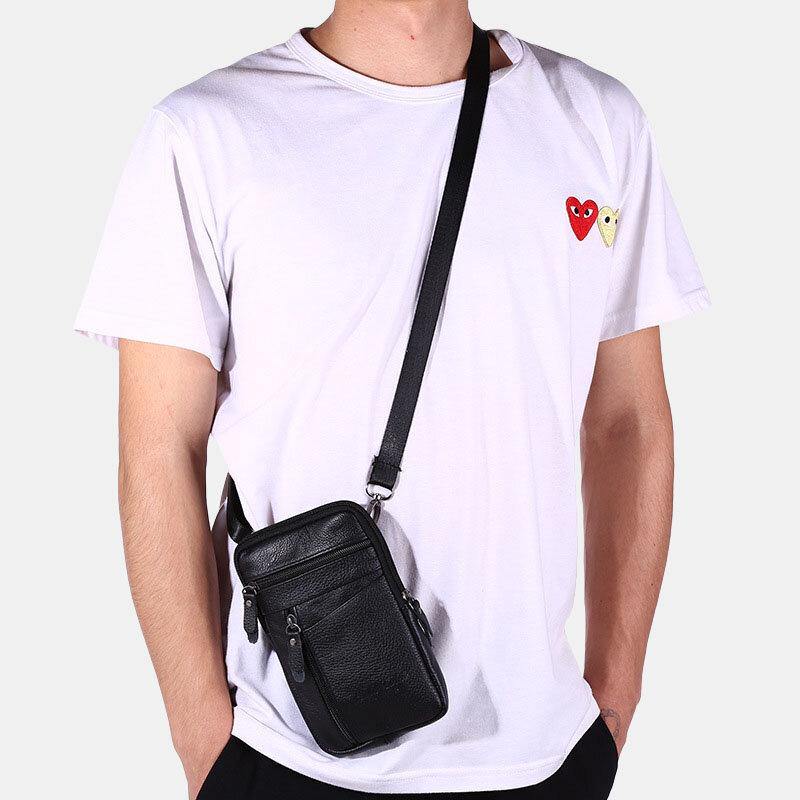 lovevop Men Genuine Leather Large Capacity Vintage 6.5 Inch Phone Bag Waist Bag Crossbody Bag Shoulder Bag