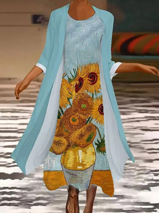 Women's Oil Painting Van Gogh Sunflower Print Dress Cape Two-piece Set