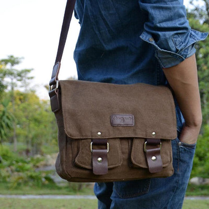 lovevop Men Genuine Leather And Canvas Retro Travel Outdoor Multi-pocket Carrying Bag Crossbody Bag