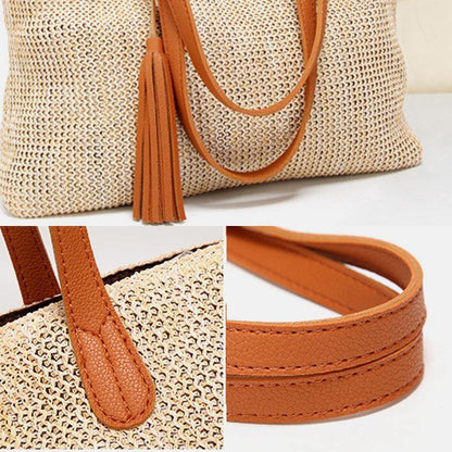 lovevop Women Tassel Decoration Large Capacity Hollow Straw Bags Handbag Shoulder Bag Beach Bag