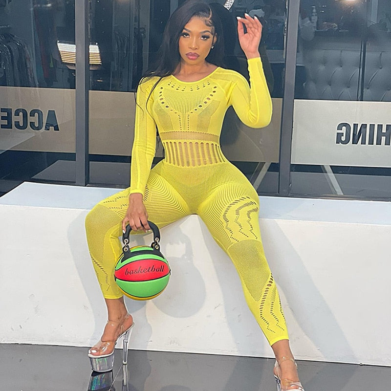 Sexy Mesh Hollow Out See Through Jumpsuits Women Transparent Long Sleeve Rompers Club Party Tights Elastic One Piece Pant
