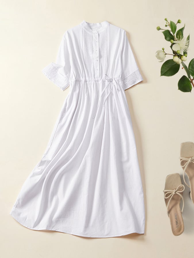 Lovevop Loose Artistic Waistband Solid Cotton Linen Dress